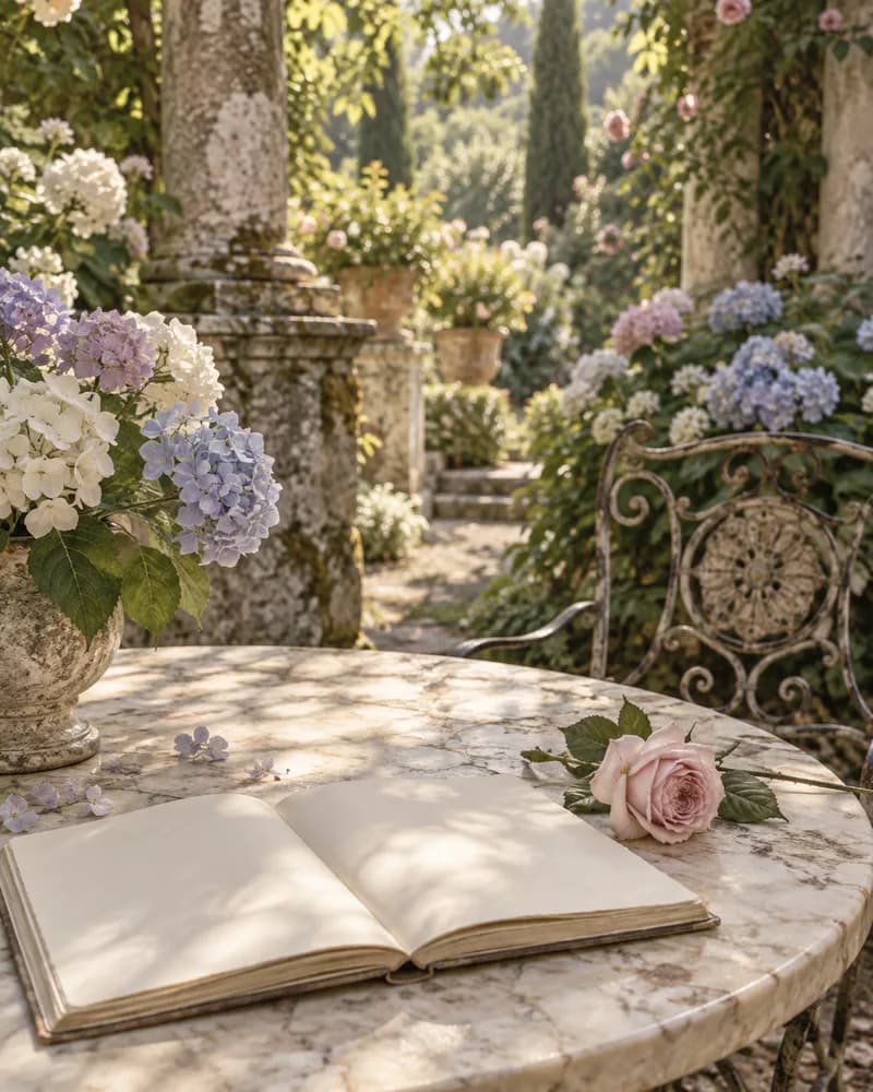 A quiet garden corner with hydrangeas, a rose, and an open journal.